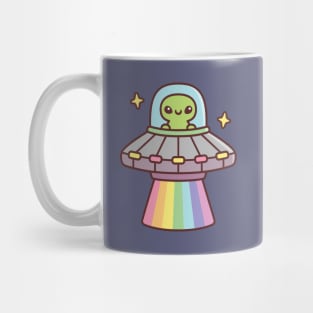 Cute Alien In UFO Spaceship With Rainbow Ray Mug